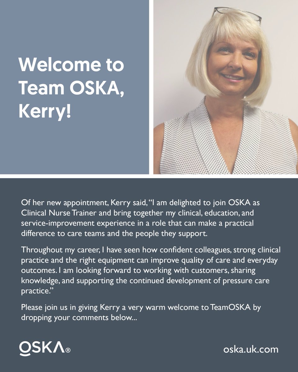 askOSKA's tweet photo. WELCOME to OSKA!
Meet Kerry Feltwell, our new Clinical Nurse Trainer, a registered nurse with 40+ years’ experience.
Kerry said: “I have seen how confident colleagues, strong clinical practice and the right equipment can improve quality of care.”
#WeAreOSKA #NewTeamMember https://t.co/ou81btRjM9