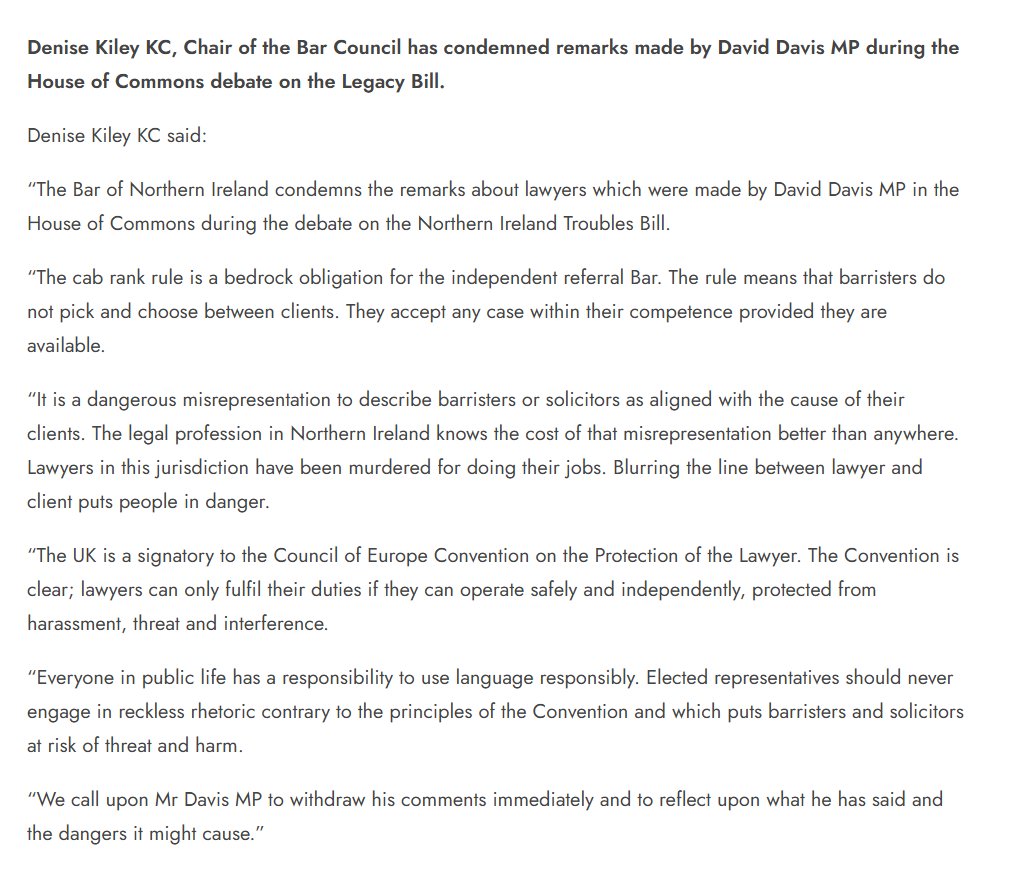 PatrickCorrigan's tweet photo. Bar Council of NI condemns David Davis MP remarks: 
"The legal profession in Northern Ireland knows the cost of that misrepresentation better than anywhere. Lawyers in this jurisdiction have been murdered for doing their jobs." https://t.co/yGj8913YLF