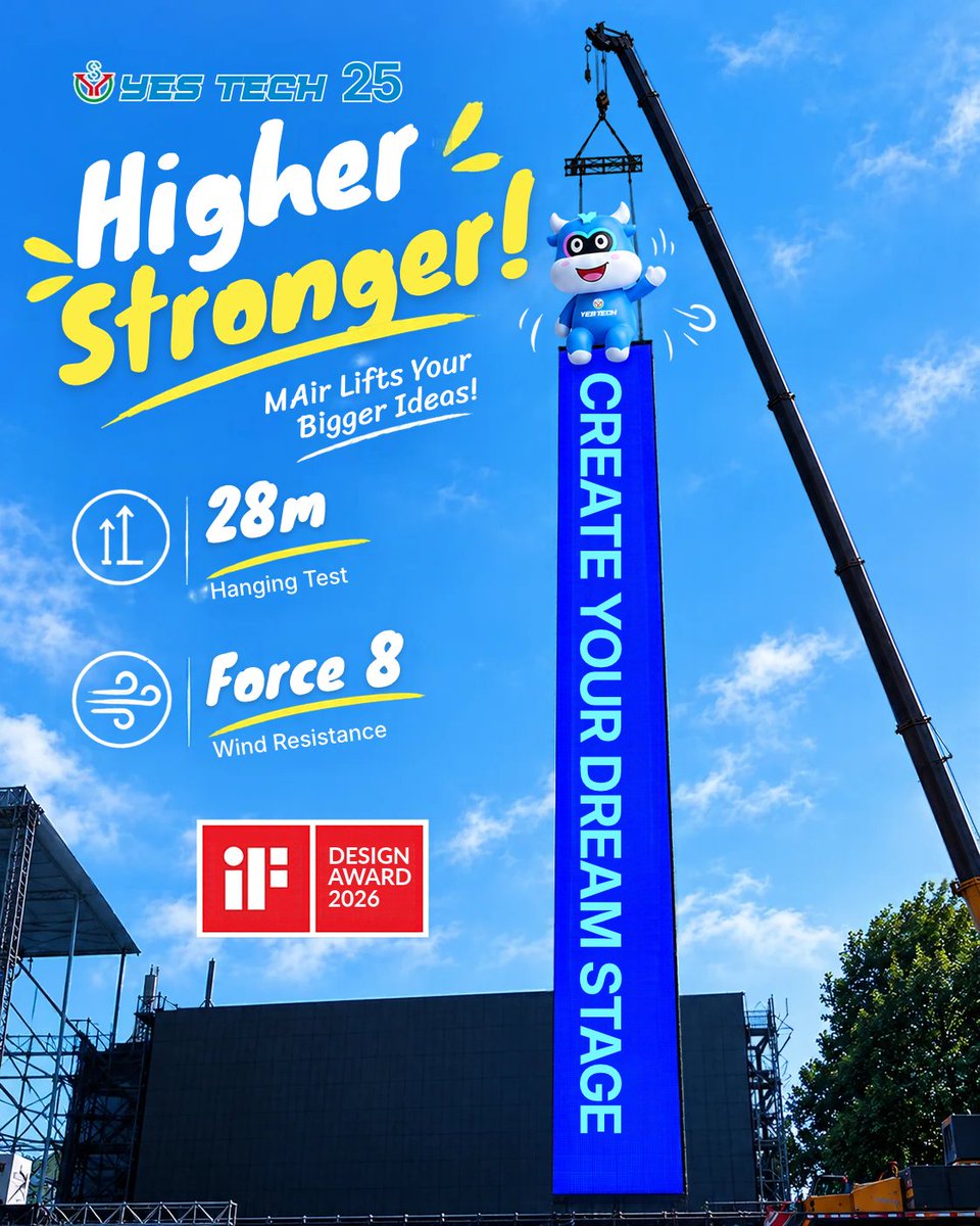 YESTECH_LED's tweet photo. Higher, Stronger.
Take your stage higher with YES TECH MAir.Tested at 28 m hanging height hanging height and Force 8 wind resistance, MAir is built to meet the demands of large-scale outdoor rental events.Ready to take your next project higher? https://t.co/hID4xF3saM