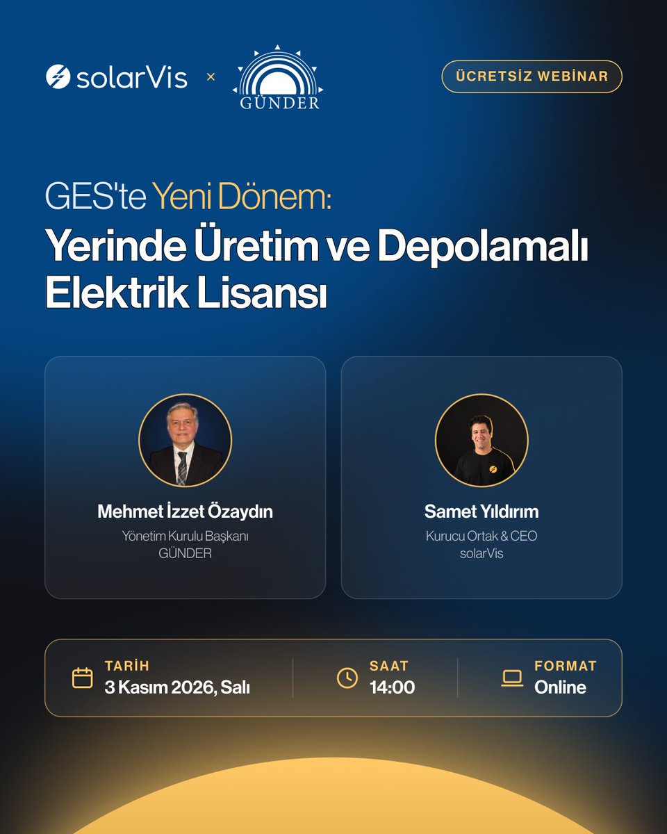 solarvisco's tweet photo. GÜNDER ve solarVis iş birliğiyle düzenlediğimiz ücretsiz webinarda yeni lisans modelini (YÜDEL) konuşacağız.

Şimdiden ayırtın:
  https://t.co/eaamLgEM8E

Konuşmacılar:
🎙️Mehmet İzzet Özaydın, GÜNDER Yönetim Kurulu Başkanı
🎙️Samet Yıldırım, solarVis Kurucu Ortak &amp; CEO https://t.co/TMlJNHXPQ0