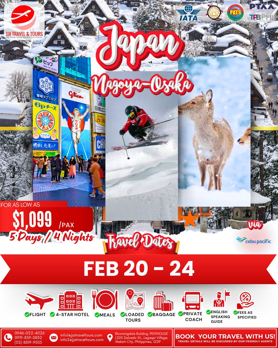 twiteoman's tweet photo. Japan Nagoya-Osaka Winter All-In Adventure

Enjoy an action-packed winter getaway across Nagoya and Osaka. Book your travel with us today. Questions? Contact us from 9am to 6pm. https://t.co/fPUYFmplJv