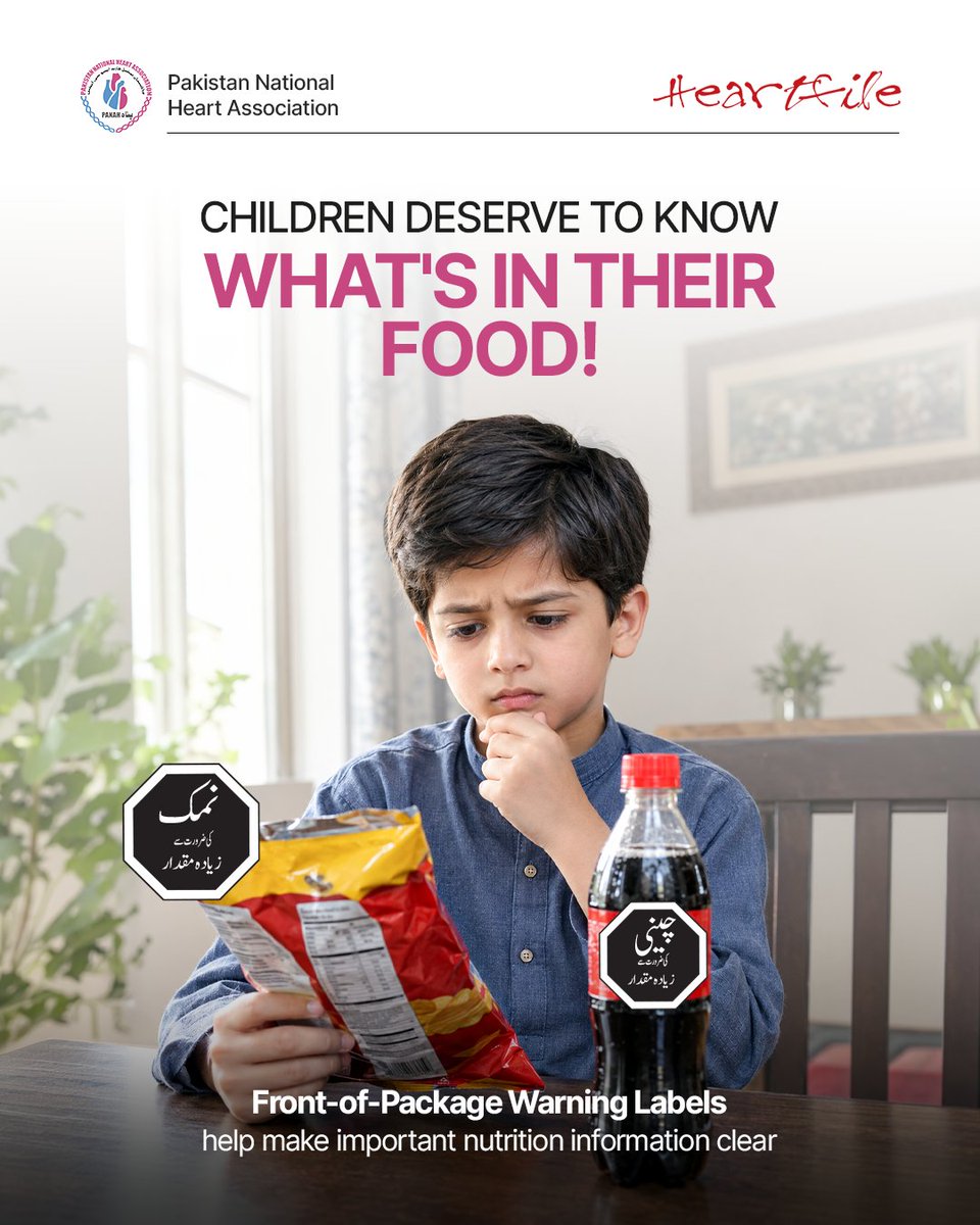panah84's tweet photo. Children deserve protection from unhealthy food marketing.
40+ countries have adopted warning labels and marketing restrictions.
Pakistan must introduce mandatory warning labels and protect children.
Clear labels. Healthier futures.
#ActOnFacts #FrontOfPackageWarningLabels #PANAH https://t.co/QpBWLs7E1Y