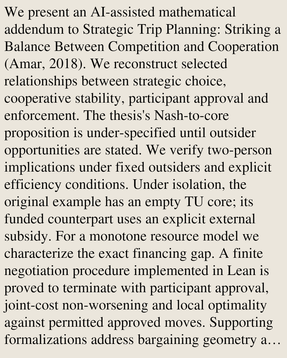 DO's tweet photo. Formalizing Cooperation and Competition: An AI-Assisted Mathematical Addendum to a 2018 Planning Thesis

Haitham Masaud Amar
https://t.co/kH0A3Sx3no [𝚌𝚜.𝙶𝚃 𝚌𝚜.𝙰𝙸] https://t.co/yaw8wp1PxL