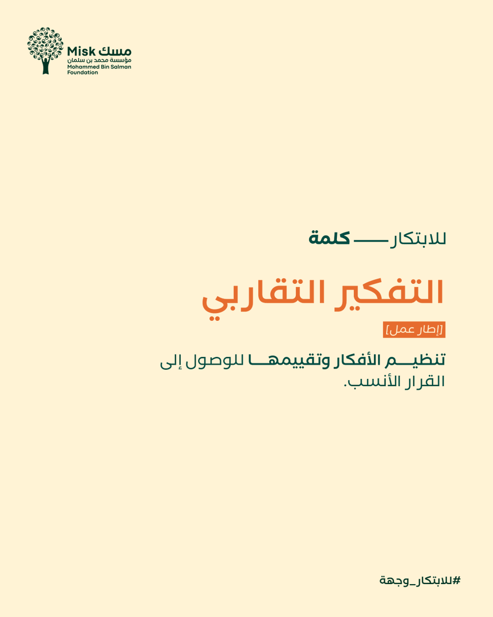 MiskEntrep's tweet photo. يساعد التفكير التقاربي على تقييم البدائل، واختيار الحل الذي يحقق أفضل قيمة للمستخدم.​

#للابتكار_وجهة​
#مسك_الريادة https://t.co/PjFLFacHYv