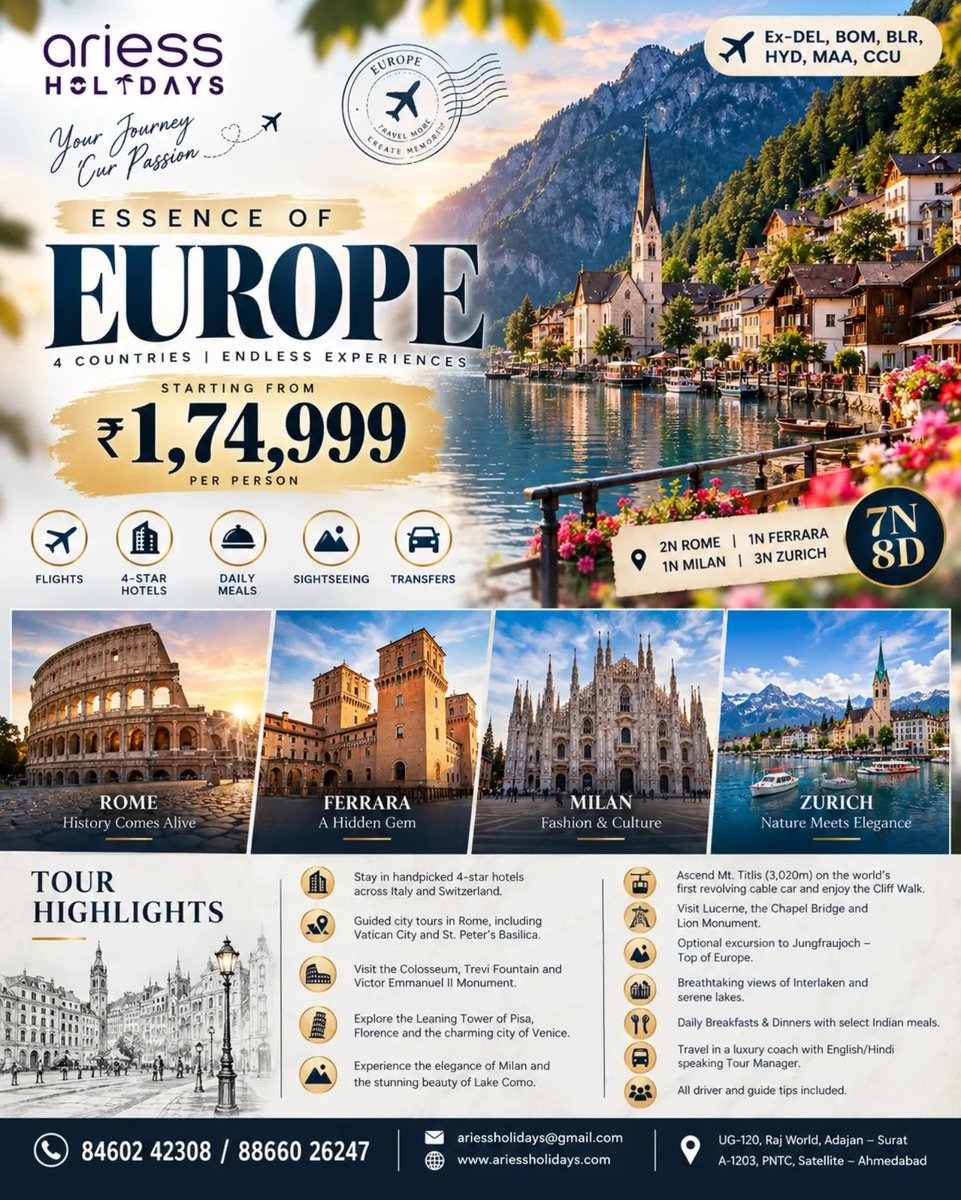 TJNatzke's tweet photo. Essence of Europe: 7 nights, 8 days across Rome, Ferrara, Milan and Zurich. Explore history, fashion, Alpine beauty and iconic sights, including Mt. Titlis, Lucerne and Interlaken. From ₹1, 74, 999 per person. https://t.co/bTaXCVMSms