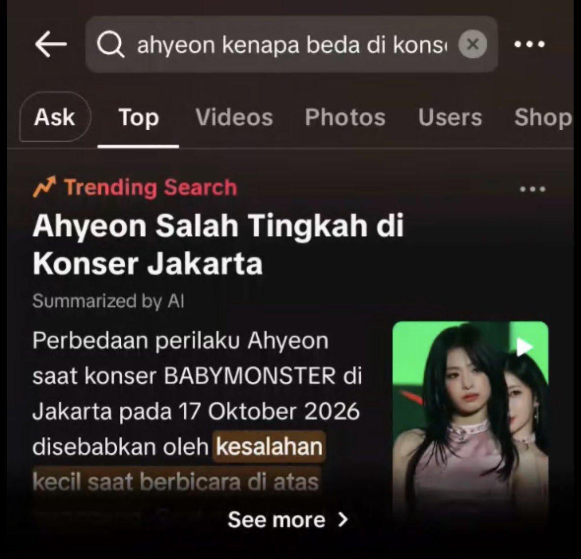 Ahyeonschart's tweet photo. BABYMONSTER’s Ahyeon has a trending search on TikTok following her little humorous mistake in Jakarta. 

Multiple videos of her across social media platforms are garnering millions of views and thousands of likes.

#AHYEON #정아현 #BABYMONSTER https://t.co/dB8YN2ZHIq