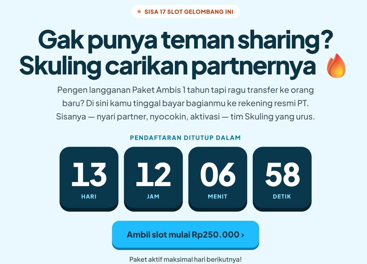 SkulingID's tweet photo. TKA kelar, waktunya GASSIN persiapan UTBK 2027!🔥

Langsung cuss ke Paket Ambis 6 Bulan di Skuling biar persiapanmu makin terarah. Budget terbatas? Bisa cek opsi Patungan juga, lho biar dicariin partner patungan langsung sama kita, JADI LEBIH MURAH DEH! 

CEK KE SINI YA https://t.co/0VsJiJFoGw 🚀