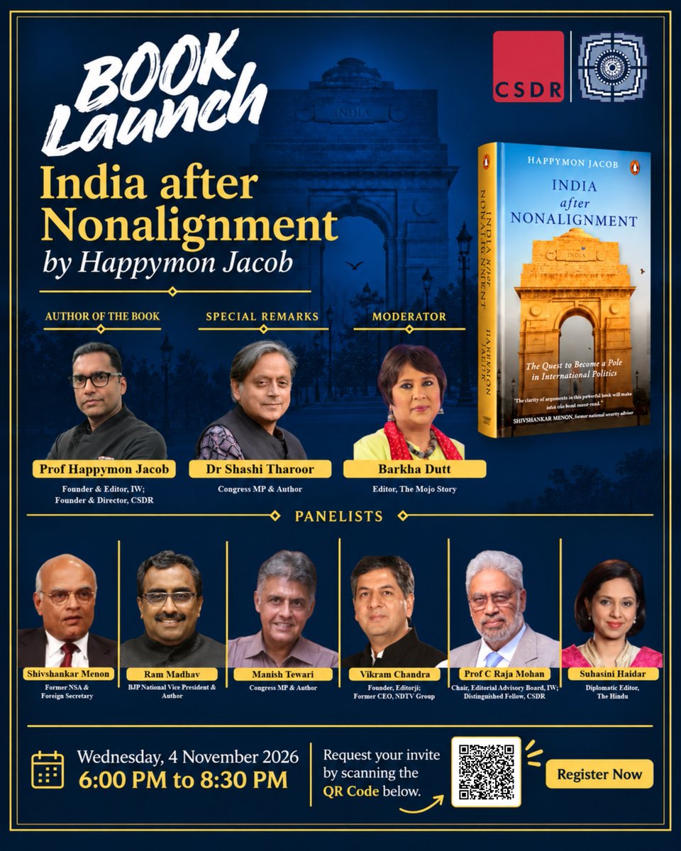 IndiasWorld_mag's tweet photo. Mark Your Calendars! 🗓

@CSDR_India and India's World are organising the launch of our Editor Prof @HappymonJacob's latest book 'India after Nonalignment.'  We have an amazing lineup of panelists moderated by @BDUTT and special remarks delivered by @ShashiTharoor.  Register now to get your invite!

@ShivshankaMenon @rammadhav_ @ManishTewari @vikramchandra @MohanCRaja @suhasinih