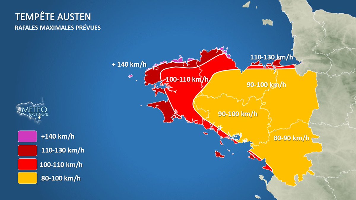 MeteoBretagne's tweet photo. #Bretagne #tempête #Austen
Réactualisation de notre carte de prévision des rafales maximales prévues entre la nuit prochaine et la journée de vendredi. https://t.co/V8PybMujvF