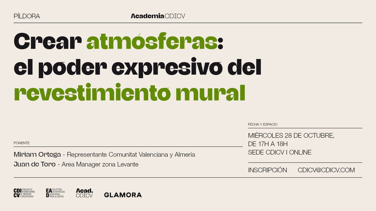 CDICV's tweet photo. 📣📣 ACADEMIA CDICV | Crear atmósferas: el poder expresivo del revestimiento mural

📅 28 de octubre a las 17:00 h
🗣️ 💻 Presencial | Online
📩 Inscripciones en cdicv@cdicv.com

🔗 https://t.co/mgMtpgd8K8

#CDICV #AcademiaCDICV #Glamora https://t.co/wYhad33Uml