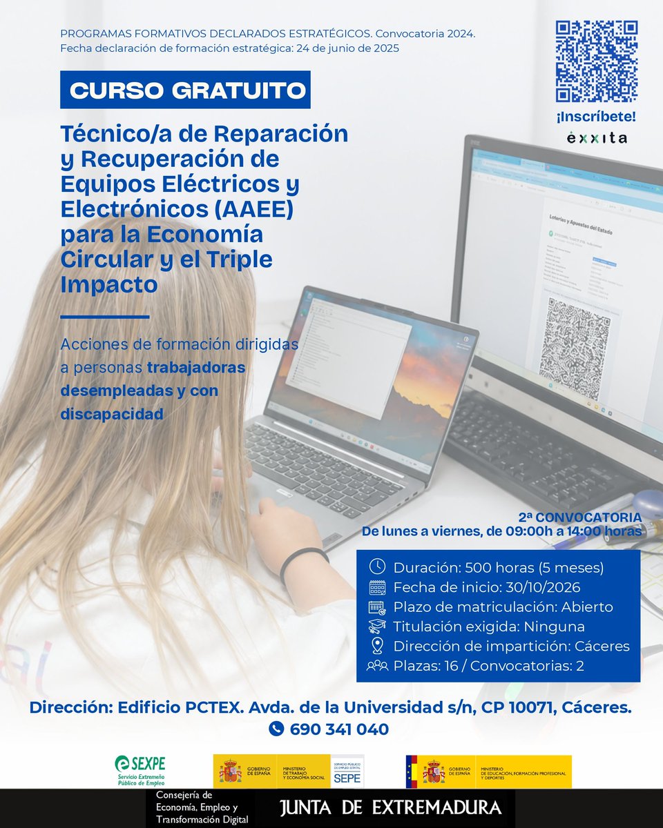 sexpeemplea's tweet photo. 👉 Cursos financiados a través de la línea de formación estratégica del SEXPE.
📍 En Badajoz y en Cáceres.
✅  Destinados a personas desempleadas con discapacidad.
📝Utiliza los QR para inscribirte. 
#formaciónestratégica #discapacidad #formación #Extremadura https://t.co/FW58fBDsa5