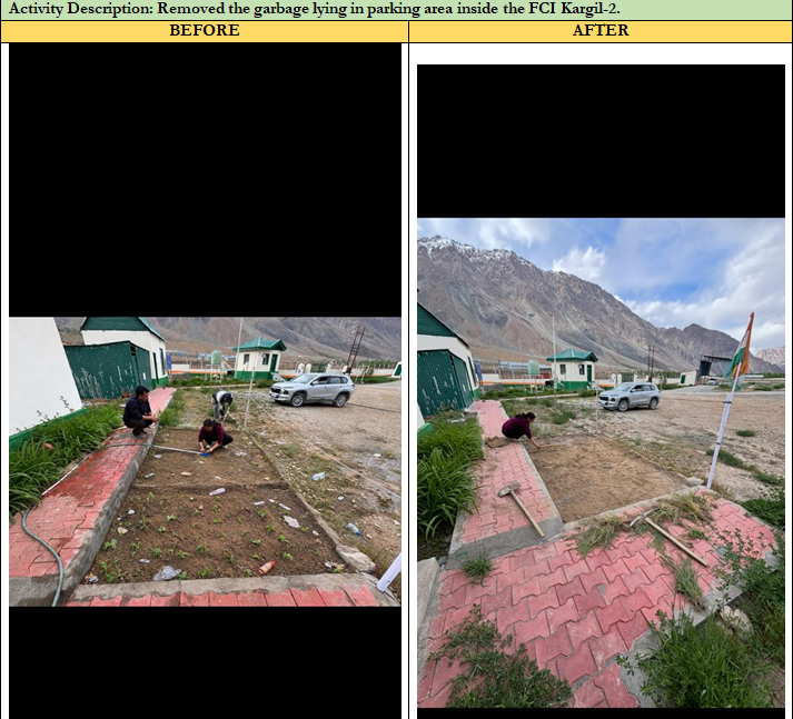FCI_DO_Srinagar's tweet photo. FCI Kargil-2 conducted a cleanliness drive by removing garbage from the parking area to maintain cleanliness, promote hygiene, and ensure a clean, green, and healthy environment. 🧹🌿

#FCI #FCIKargil2 #SHS #SpecialCampaign6.0 #SwachhBharat #CleanlinessDrive #CleanAndGreen https://t.co/GbMqarX69F