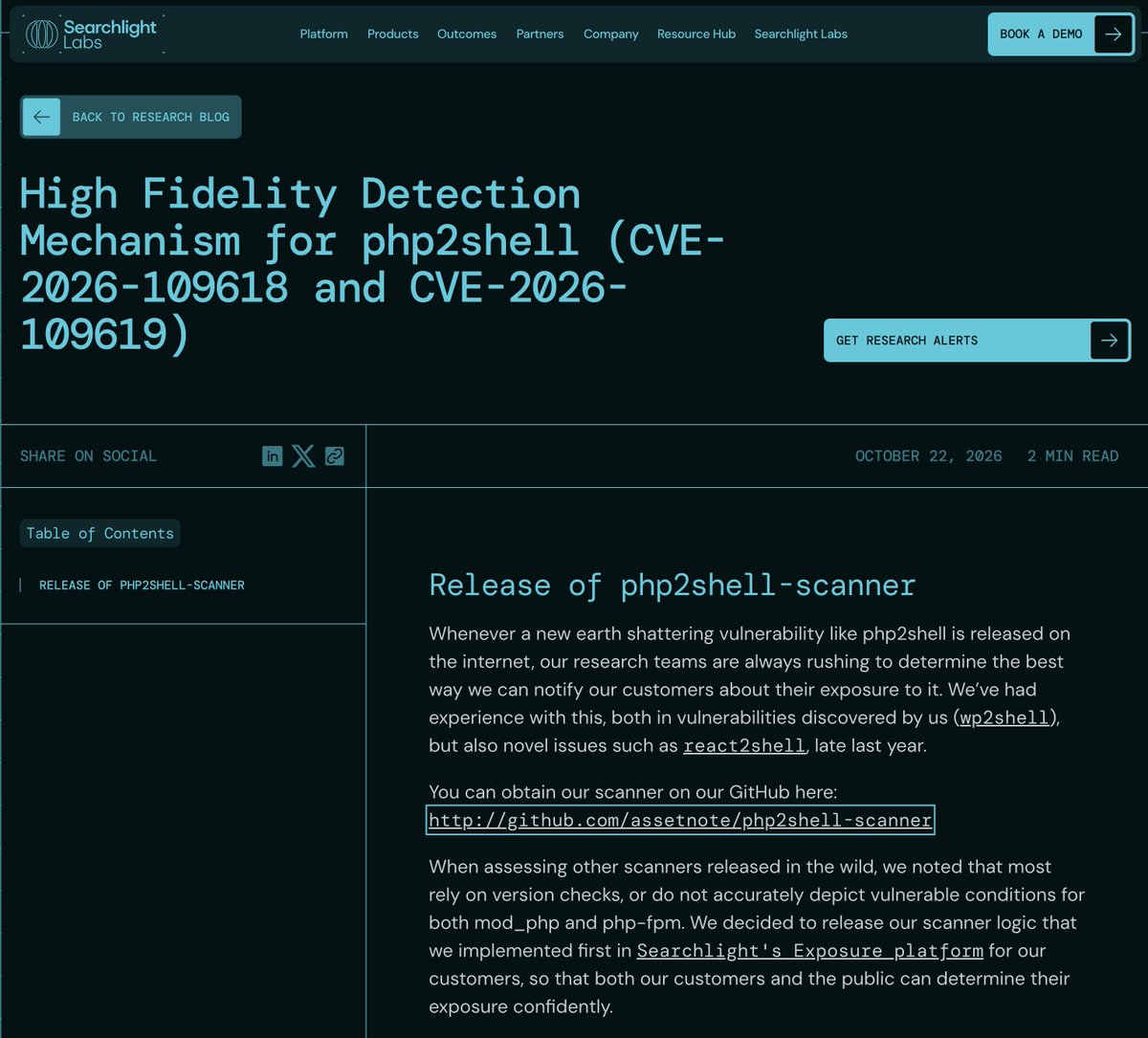 cyb3rops's tweet photo. "High Fidelity Detection Mechanism for #php2shell (CVE-2026-109618 and CVE-2026-109619)" by @SLCyberSec 

Blog
https://t.co/JcTDvXsECk

Scanner
https://t.co/ti5h2VYT7p

#PHP https://t.co/bXcUQp2uzW