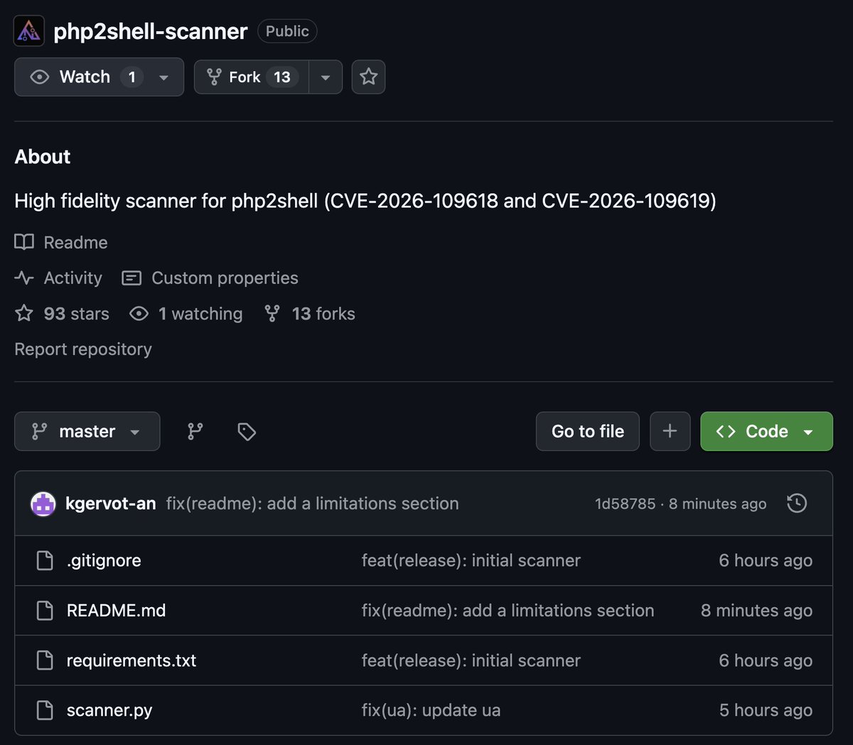 cyb3rops's tweet photo. "High Fidelity Detection Mechanism for #php2shell (CVE-2026-109618 and CVE-2026-109619)" by @SLCyberSec 

Blog
https://t.co/JcTDvXsECk

Scanner
https://t.co/ti5h2VYT7p

#PHP https://t.co/bXcUQp2uzW