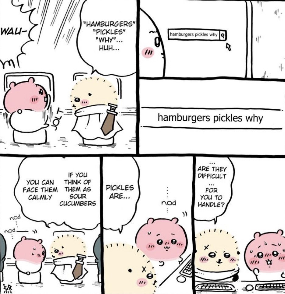 NotReallyOce's tweet photo. “ hamburger pickles why ”

one of my favorite chiikawa chapter .. how chiikawa is blushing and i always love that rakko always give them wise advice 🥺🤍 https://t.co/0bP8B0RGx3