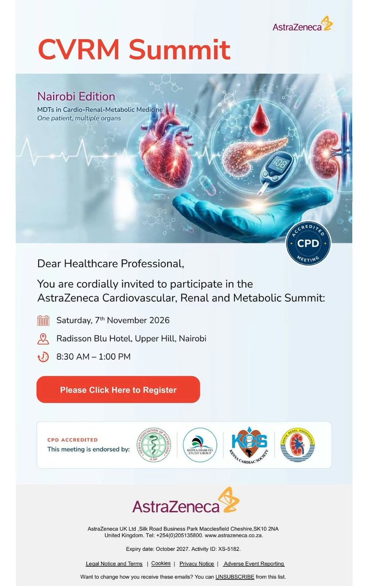Kenya_Renal's tweet photo. ONE PATIENT. MULTIPLE ORGANS. ONE CONNECTED APPROACH.

Next Month 📅, on Saturday, 7 November, the Nairobi Edition of the AstraZeneca Cardiovascular, Renal and Metabolic Summit.

📍 Radisson Blu Hotel, Upper Hill
⏰ 8:30 AM – 1:00 PM

🔗 Register: https://t.co/tWe44qFaDh

💙 https://t.co/6J69hYWdyN