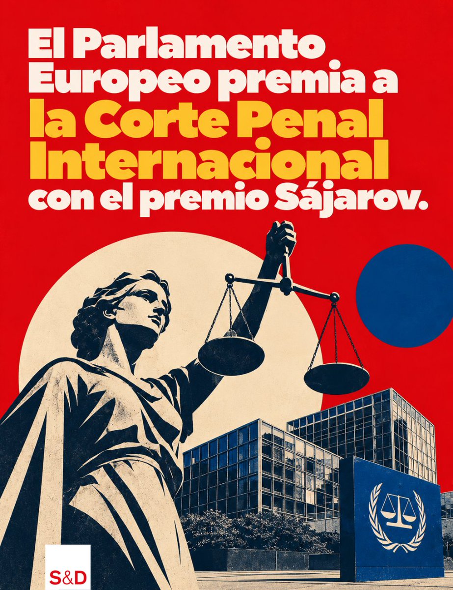 Socialistas_PE's tweet photo. 🏆Trump la ataca y Europa la premia.

La Corte Penal Internacional, la candidatura del Grupo Socialista al Premio Sájarov, ha ganado el reconocimiento del Parlamento Europeo.

✊Una victoria de la justicia internacional y la lucha contra la impunidad.

¡Orgullo socialdemócrata! https://t.co/psRSsSpP94