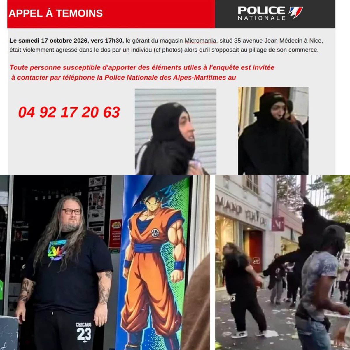 LBleuBlancRouge's tweet photo. 🔴🫵🏻 RELAYEZ. FAITES TOURNER. 

La préfecture des Alpes-Maritimes RECHERCHE ACTIVEMENT cet individu.

Il est suspecté d’avoir agressé dans le dos Pierre, le vendeur Micromania de Nice qui s’opposait au pillage de son magasin lors des émeutes du 17 octobre et dont l’agression avait fait le tour du monde. 

AIDEZ LES AUTORITÉS À LE RETROUVER.😤
