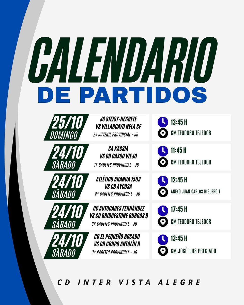 CDInterVA's tweet photo. ⚽️ SEXTA JORNADA PARA NUESTROS EQUIPOS

Este finde del 24 y 25 de octubre continúa la competición para nuestros equipos provinciales

19 partidos cargados de ilusión y ganas de seguir creciendo 🙌🙌

¡Mucha suerte a todos! 💪💪 https://t.co/5VijD3VQ3w