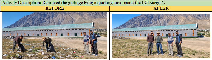 FCI_DO_Srinagar's tweet photo. FCI Kargil-1 conducted a cleanliness drive by removing garbage from the parking area to maintain cleanliness, promote hygiene, and ensure a clean, green, and healthy environment. 🧹🌿

#FCI #FCIKargil1 #SHS #SpecialCampaign6.0 #SwachhBharat #CleanlinessDrive #CleanAndGreen https://t.co/O5i5FQ7jOD