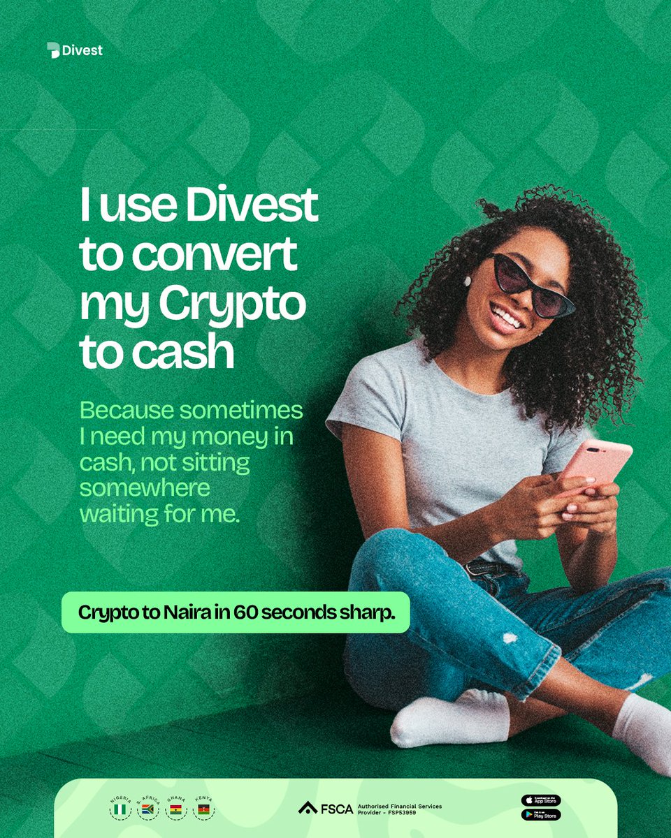 Usedivest's tweet photo. Your crypto is nice, but have you turned it into cash yet? 

Convert your crypto to Naira in less than  60 seconds with Divest. 

#UseDivest #CryptoToCash #CryptoNigeria #MoneyExchange https://t.co/7yse1EcVtg