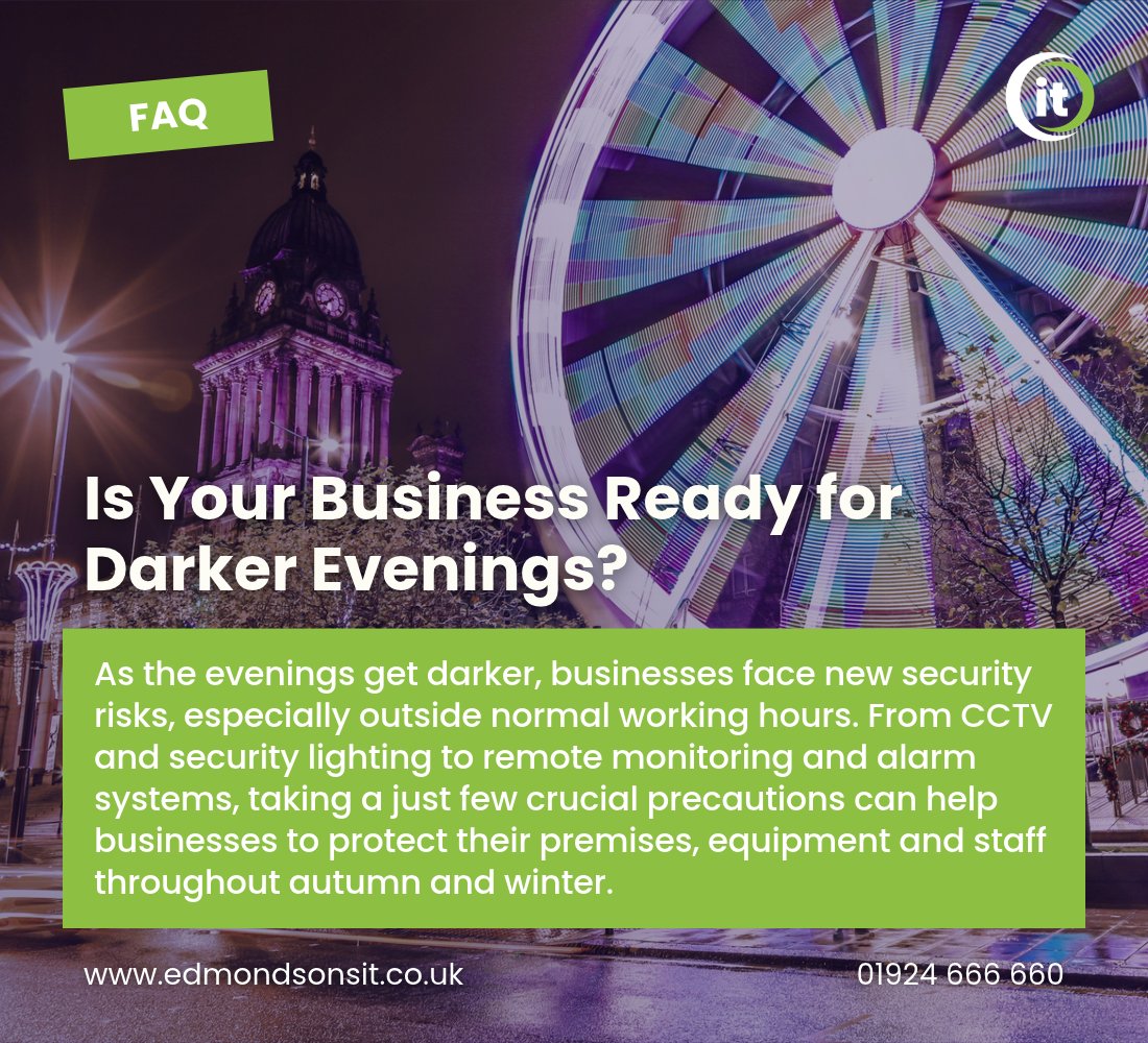 EdmondsonsIT's tweet photo. Is your business ready for the darker evenings?🌙🔒

Find out more how Edmondson’s can help your business stay secure here: https://t.co/SmKwmQPlVN

#EdmondsonsIT #BusinessSecurity #CCTV #SecuritySystems #ITSupport #YorkshireBusiness https://t.co/yauQ9P05xJ