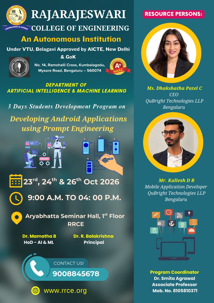 rrceblr's tweet photo. 🚀📱 #RRCE hosts a 3-day #SDP on #AndroidDevelopment using #PromptEngineering on 23, 24 &amp; 26 Oct! 🤖✨ Explore AI-powered app creation, gain hands-on experience &amp; boost technical skills. 💡🎓 #ArtificialIntelligence #MachineLearning #SkillDevelopment #FutureReadyEngineers https://t.co/4N31xbgdwj