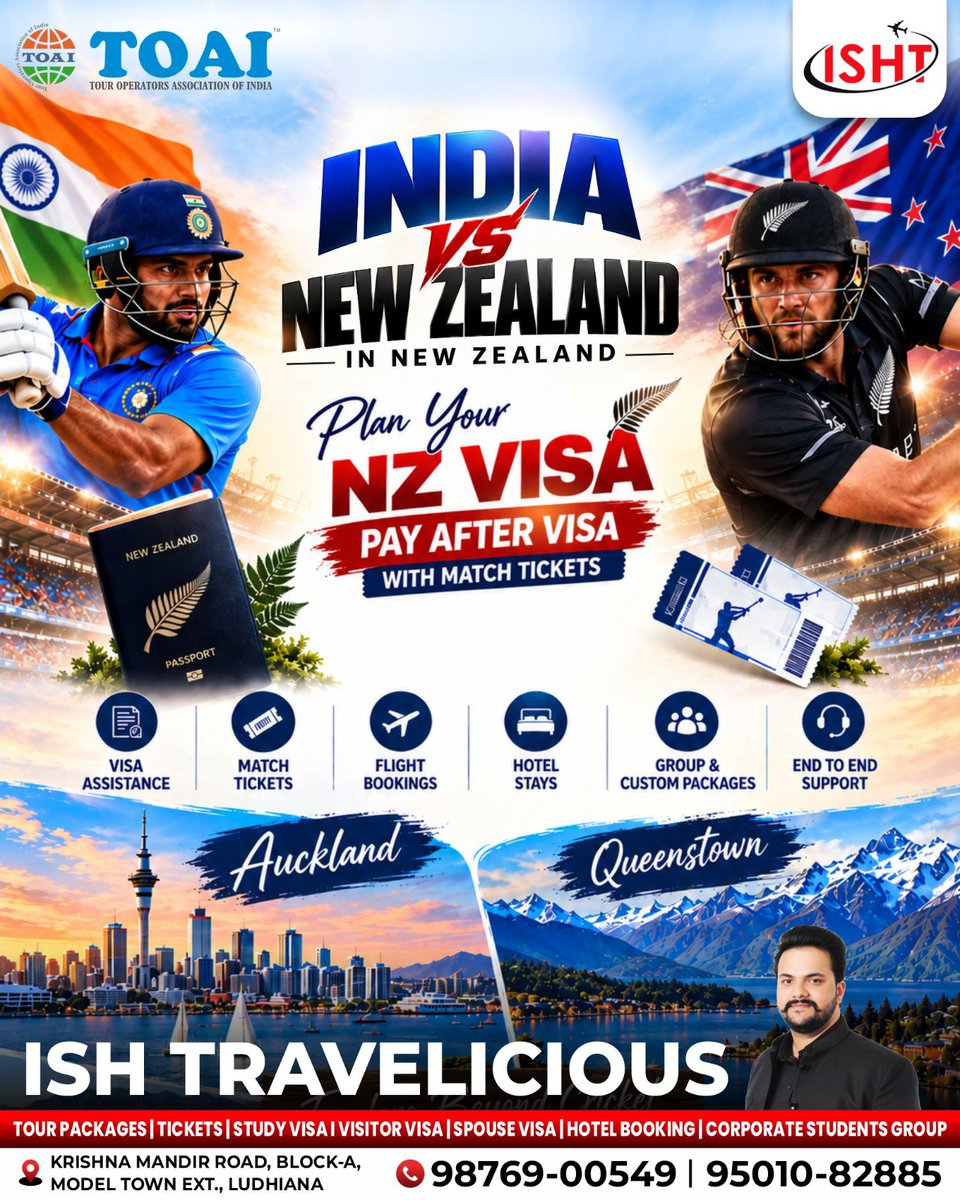 danielmielzika's tweet photo. India vs New Zealand: experience the cricket action live in New Zealand with ISH Travelicious. Match tickets, flights, hotels, custom packages and visa support. Explore Auckland and Queenstown while you cheer. https://t.co/t5tDlLDLzl
