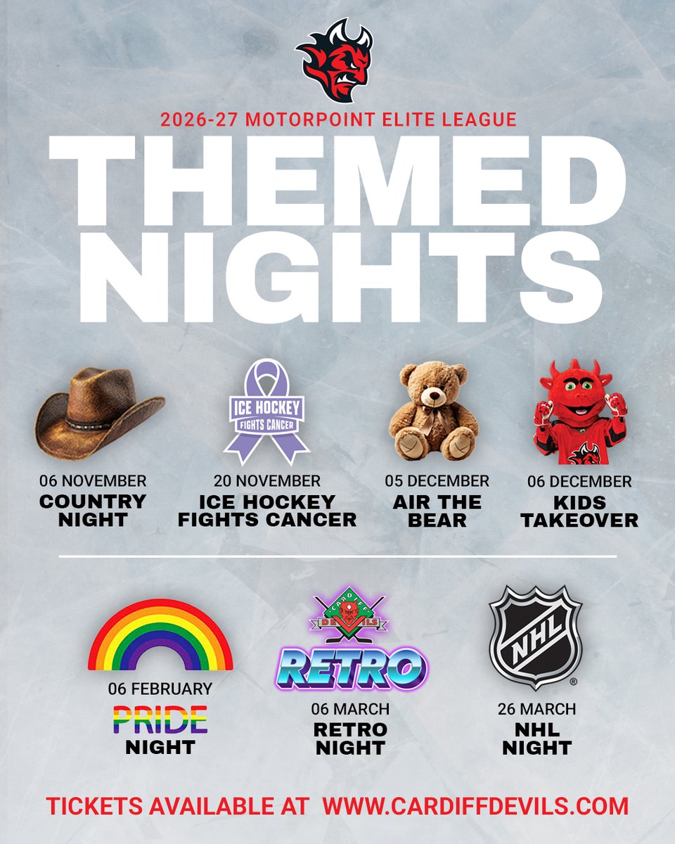 cardiffdevils's tweet photo. 🚨 𝗠𝗢𝗥𝗘 𝗧𝗛𝗘𝗠𝗘𝗦. 𝗠𝗢𝗥𝗘 𝗛𝗢𝗖𝗞𝗘𝗬. 𝗠𝗢𝗥𝗘 𝗥𝗘𝗔𝗦𝗢𝗡𝗦 𝗧𝗢 𝗕𝗘 𝗛𝗘𝗥𝗘 🏒

The themed game nights aren't over yet!
We've got more match night fun ahead — so keep an eye out, get those dates in your diary and make sure you're part of it. 

🎟️ https://t.co/JNRvx4jQLd
ℹ️ All games go on sale at 9am, a calendar month before the game date