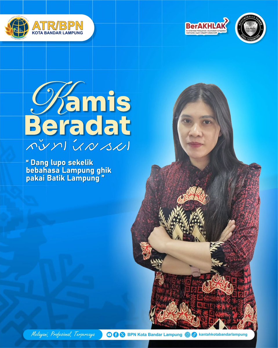 AtrbpnBalam's tweet photo. Haloo #SobATRBPN Kota Bandar Lampung
.
Kamis Beradat dang lupo pakai Batik Lampung khik bebahasa Lampung yu!
.
.

#ZonaIntegritas
#ATRBPNMajudanModern
#MelayaniProfesionalTepercaya
#KantahKotaBalamMenujuWBBM https://t.co/NWvZav1Px9