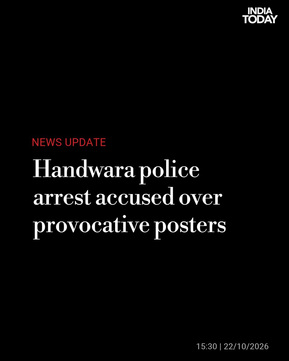 IndiaToday's tweet photo. Handwara Police has arrested an accused in connection with the pasting of anti-national and provocative posters at a public place within the jurisdiction of Police Station Handwara.
#JammuAndKashmir #Handwara #AntiNationalPosters #ProvocativePosters #AccusedArrested | By: @MirFareed2