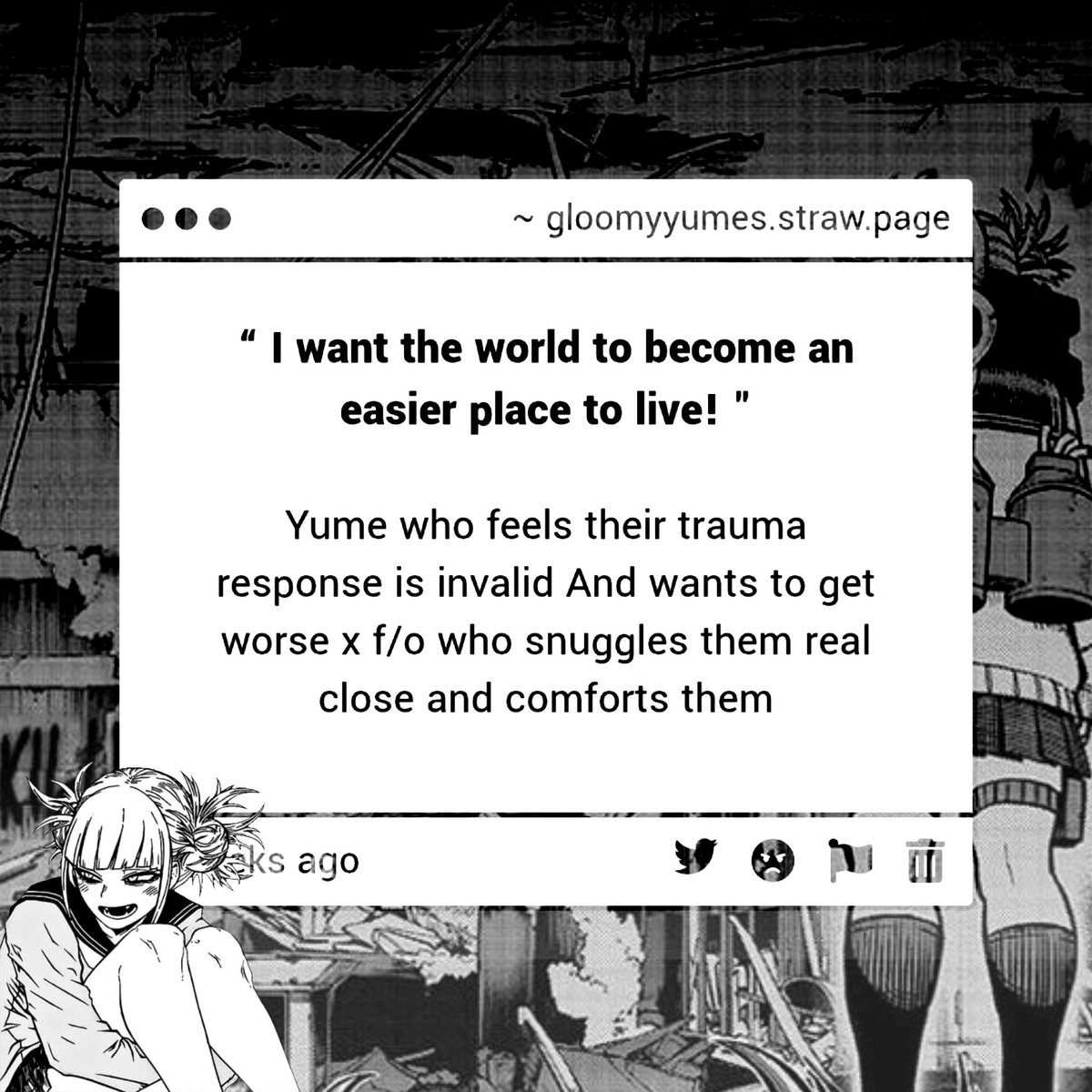 gloomyyumes's tweet photo. ⸺       𝜗💬            submission           𖹭

“ yume  who  feels  their  trauma  response  is  invalid  and  wants  to  get  worse  x  f/o  who  snuggles  them  real  close  and  comforts  them ” https://t.co/zPdtFcV39r