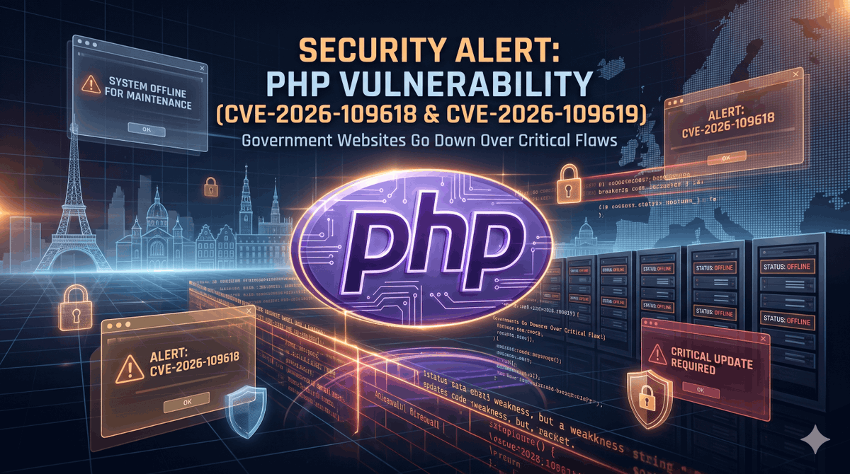 wedowebapps's tweet photo. 🚨 Government websites go offline as critical PHP security flaws trigger urgent action.

CVE-2026-109618 and CVE-2026-109619 raise serious concerns, including potential remote code execution.

visit : https://t.co/QJZM4j1Vea
#PHPSecurity #CyberSecurity #WebsiteSecurity https://t.co/5yQU8c67iz