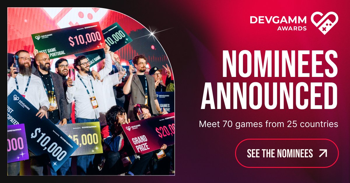 DevGAMM's tweet photo. NOMINEES LOCKED IN: meet the 70 finalists of DevGAMM Awards 2026, representing 25 countries!

Explore the full list of nominees + join us in Lisbon on November 18 to celebrate the winners: https://t.co/XwKCNfm4QA https://t.co/PovE6VFFhH