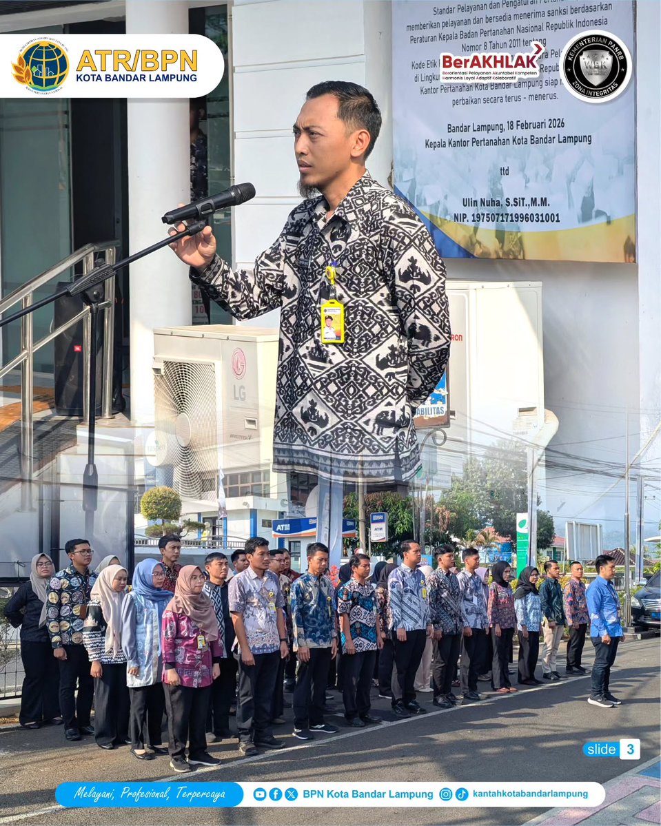 AtrbpnBalam's tweet photo. Haloo #SobATRBPN Kota Balam,,
.
Berikut kegiatan apel pagi Kantor Pertanahan Kota Bandar Lampung.
.
#ZonaIntegritas
#pertanahanakhirpekan
#MelayaniProfesionalTepercaya
#KantahKotaBalamMenujuWBBM https://t.co/JzfZ1O0WGT