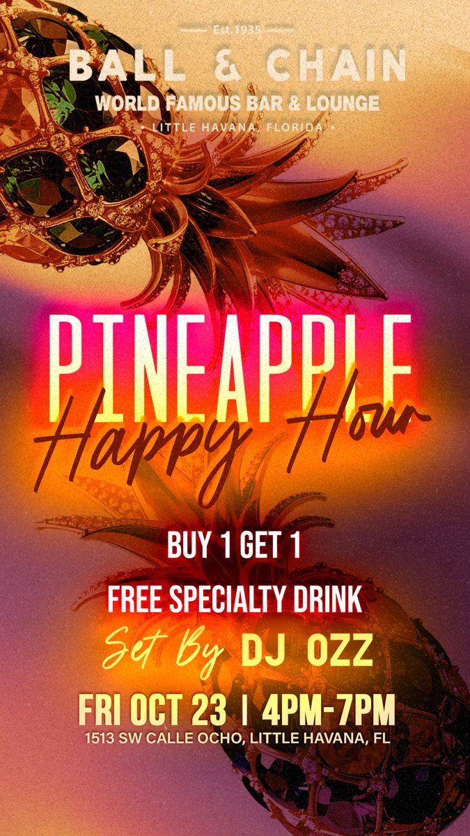 BallAndChainBar's tweet photo. TODAY: #LiveMusic noon to 3:30 p.m., then CLOSED for a private event until 10:30

TOMORROW: Pineapple Happy Hour with DJ Ozz, then @MiamiBoheme Night with DJ Mandy + #LiveMusic by Calixto Oviedo, 8

#supportlocal https://t.co/z7b3b6aDZZ
🍍💚 https://t.co/1x1hpceXeg