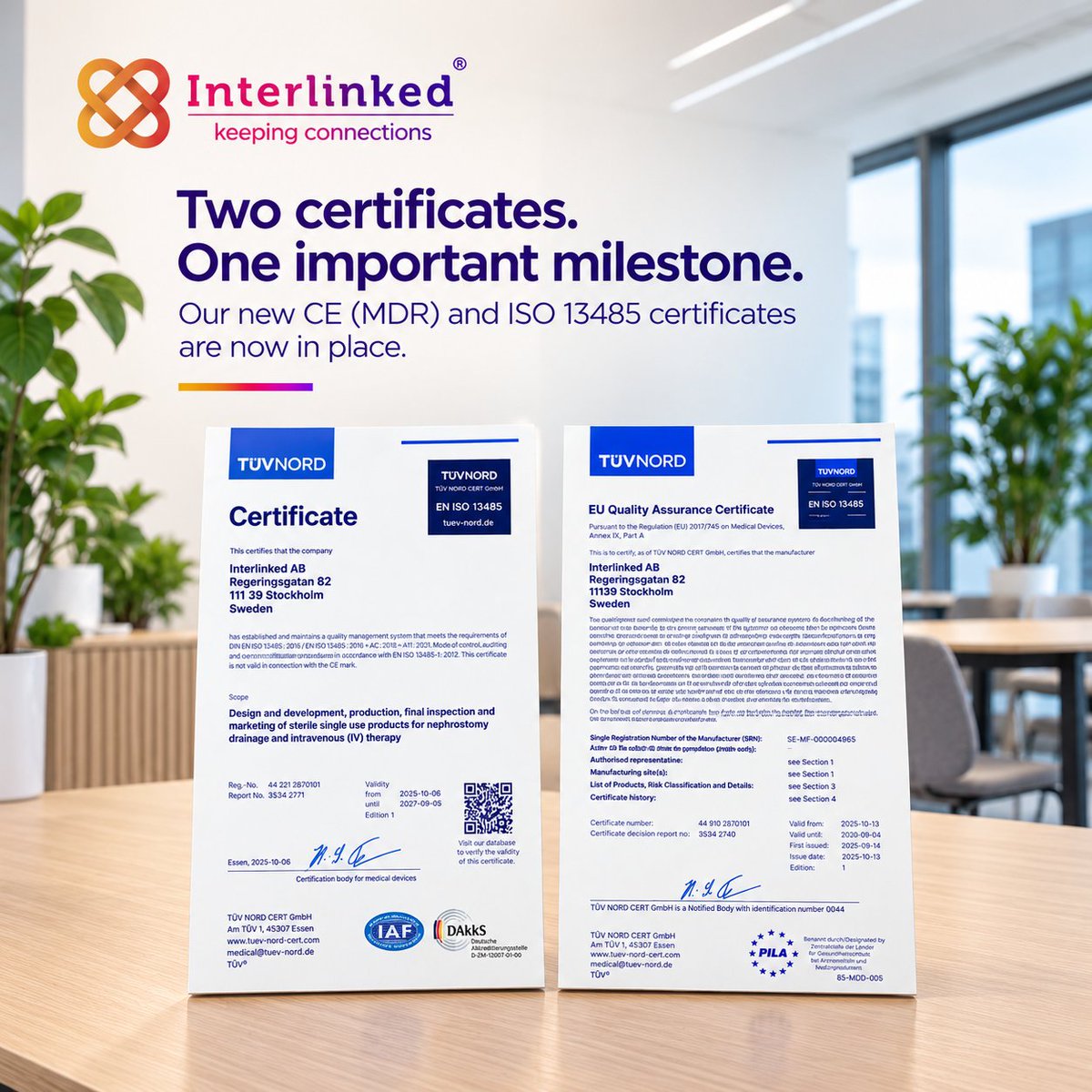 InterlinkedAB's tweet photo. Behind the scenes at Interlinked!

Following the unexpected bankruptcy of our Notified Body, we secured new CE (MDR) and ISO 13485 certificates in just two months.

A huge thank you to Dr Ujala Bhardwaj, our CQO, for leading this critical transition.

#Interlinked #MedTech https://t.co/JSaSz5y0ZE