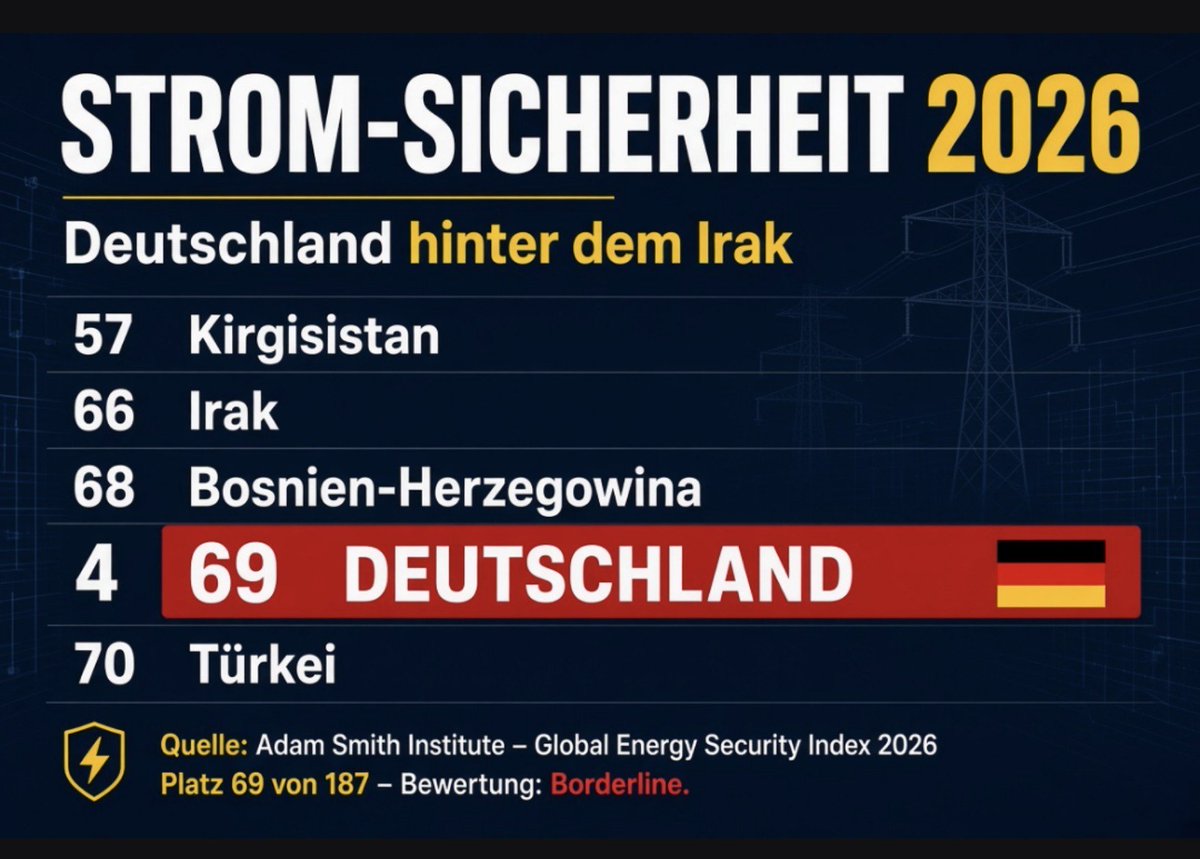 oida_grantler's tweet photo. Hurra, Grüne Energiewende!
Deutschland liegt jetzt hinter dem Irak und knapp vor der Türkei – Platz 69 weltweit bei der Stromsicherheit!!
Wir sind „Borderline“. 🇩🇪🔥🤪
Besonders mies bei der jederzeit verfügbaren Leistung.
Sagen nicht böse rechte Schwurbler, sondern das renommierte Adam Smith Institute. Noch Fragen?