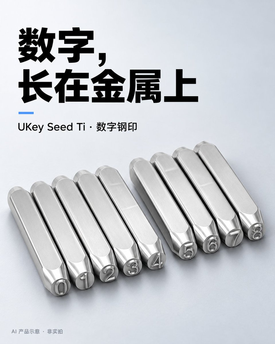 BearCake0_0's tweet photo. 看 UKey Seed Ti 的配套工具，数字钢印也值得单独放大。远看是一排银色小棒，凑近才看清端面上凸起的数字，还有边缘转折的亮面。聊备份时容易只盯着板子，这次把旁边的小工具放到画面中间。

Small tools, a closer look.
画面为 AI 产品示意，非实拍或实测。 https://t.co/rXL2yZB36G