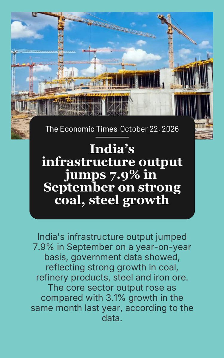 IndiainDenmark's tweet photo. India’s infrastructure output jumps 7.9% in September on strong coal, steel growth

https://t.co/2tWSHUrO8R

via NaMo App https://t.co/3Tg1vAcR4y