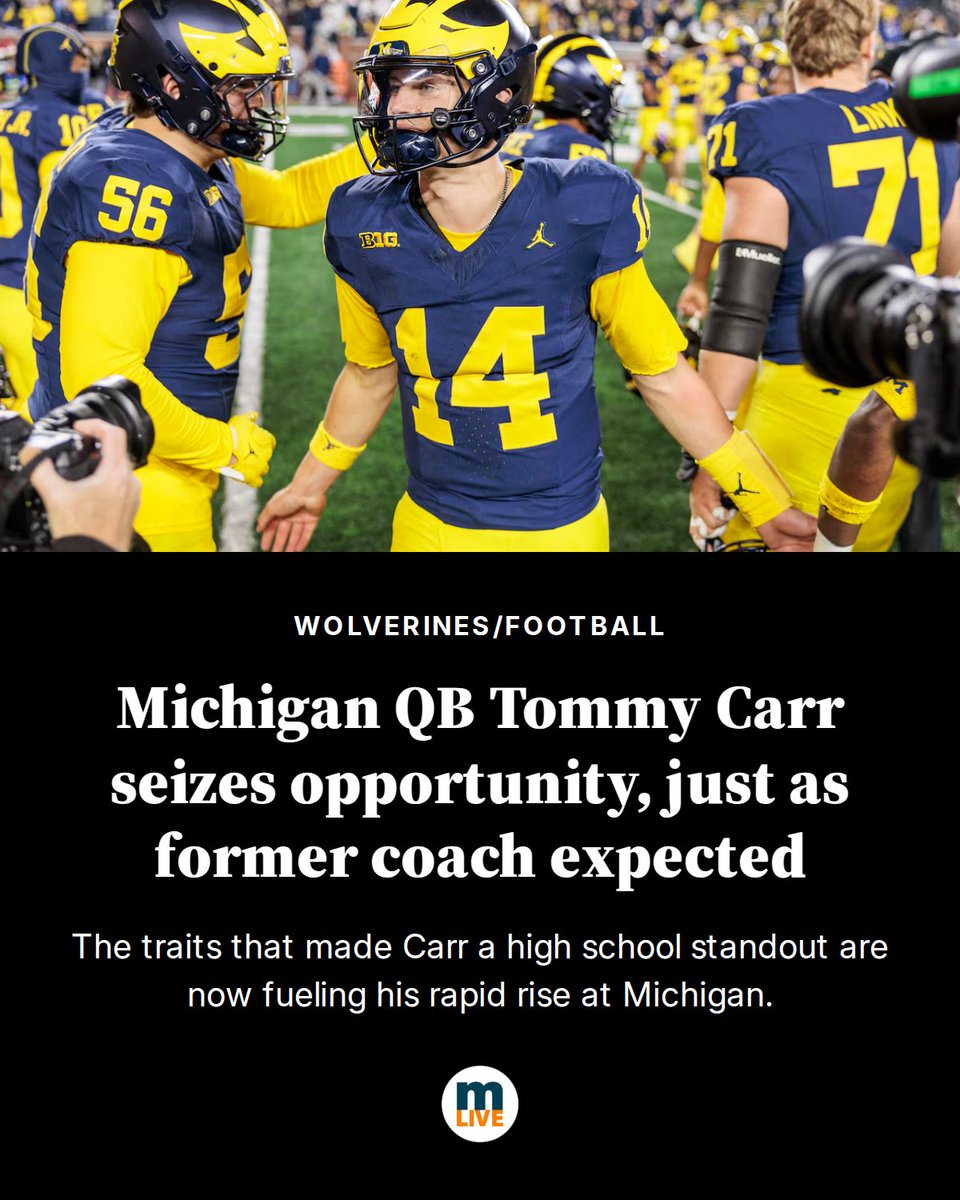 WolverinesMLive's tweet photo. The traits that made Carr a high school standout are now fueling his rapid rise at Michigan. https://t.co/wdsUKrVWkw https://t.co/BHVhwkZ7wk