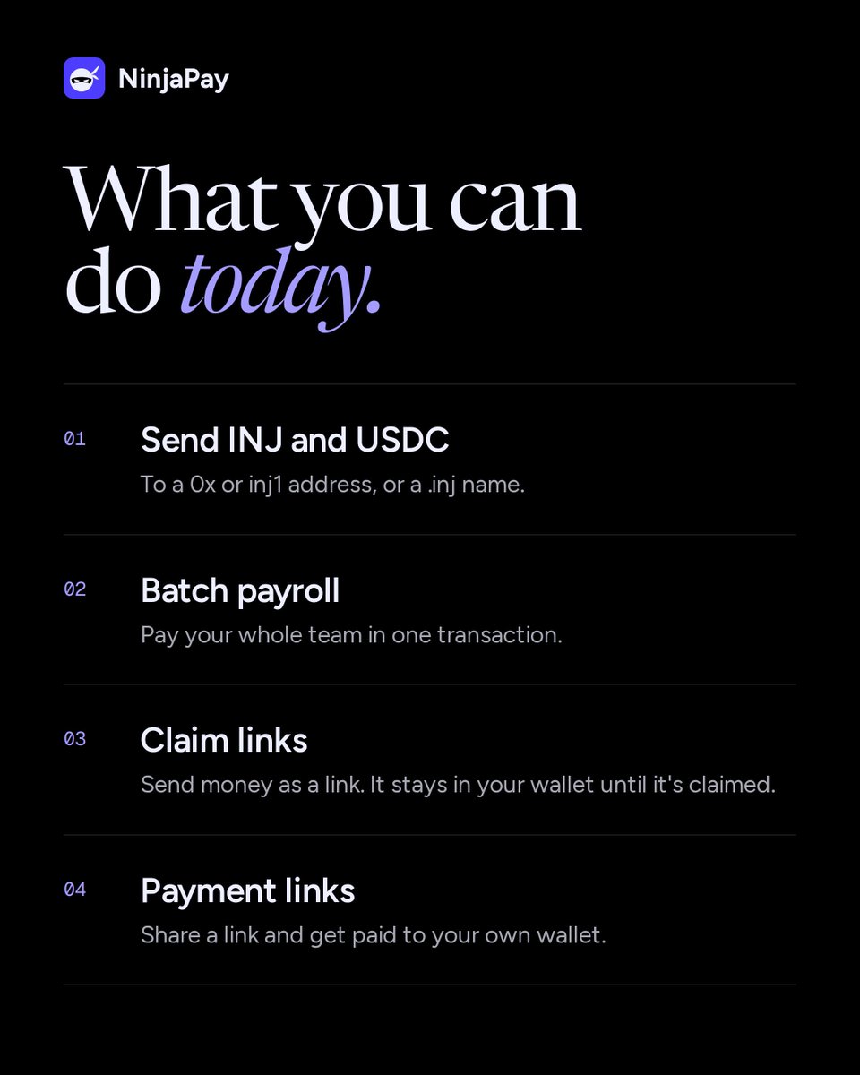 NINJA_PAY's tweet photo. Meet NinjaPay 🥷

Crypto payments for the real world, built on @injective and starting with Nigeria and @INJAfrica.
Live on testnet today:
• Send INJ and USDC
• Batch payroll
• Claim links and payment links

Your keys never leave your wallet.

Try it: https://t.co/9yoHEAKQnD https://t.co/pmPRKWmBTx