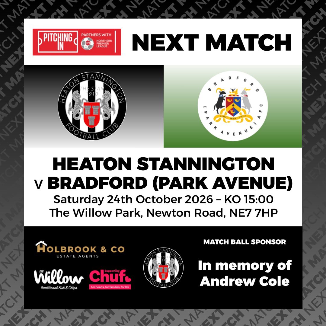 Heatonstan's tweet photo. ⚫️NEXT MATCH⚪️

Huge game up next against league leaders @BPAFCOfficial - make sure you’re with us to back the lads!

🎟️ https://t.co/05FvqYm9H4 https://t.co/uLZryGIY9r