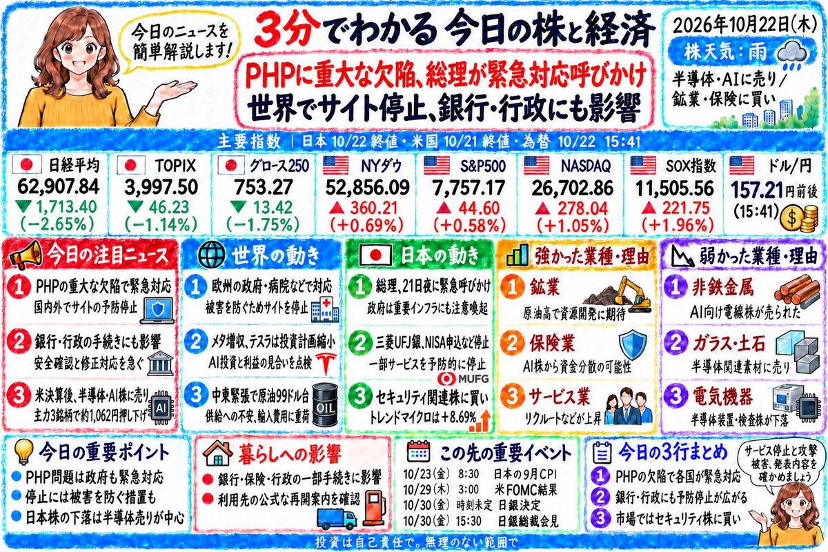 keizainote27's tweet photo. 📚 3分でわかる今日の株と経済【10月22日(木)】
PHPの欠陥を受け、総理が緊急対応を呼びかけました。銀行や行政では被害を防ぐため一部サービスを停止し、セキュリティ株が買われました。
📖 お忙しい方、情報整理にお役立てください😊
#日本株 #PHP #サイバー攻撃 https://t.co/gcS40erpXD