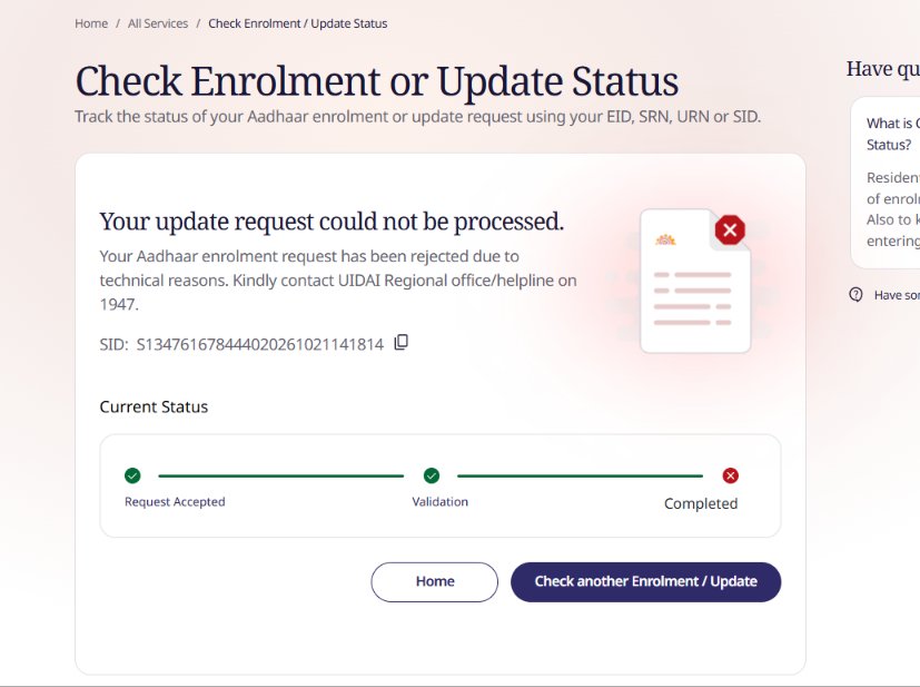Shuaybkhan_'s tweet photo. Paid ₹125 for an Aadhaar update, only to be told it failed due to "technical reasons" What kind of joke is this ? If UIDAI can’t deliver the service, REFUND THE MONEY OR PROVIDE A FREE RE-ENROLMENT. Citizens aren’t your ATM. Stop making people pay for your failures. @UIDAI https://t.co/VSNi5Jci9t