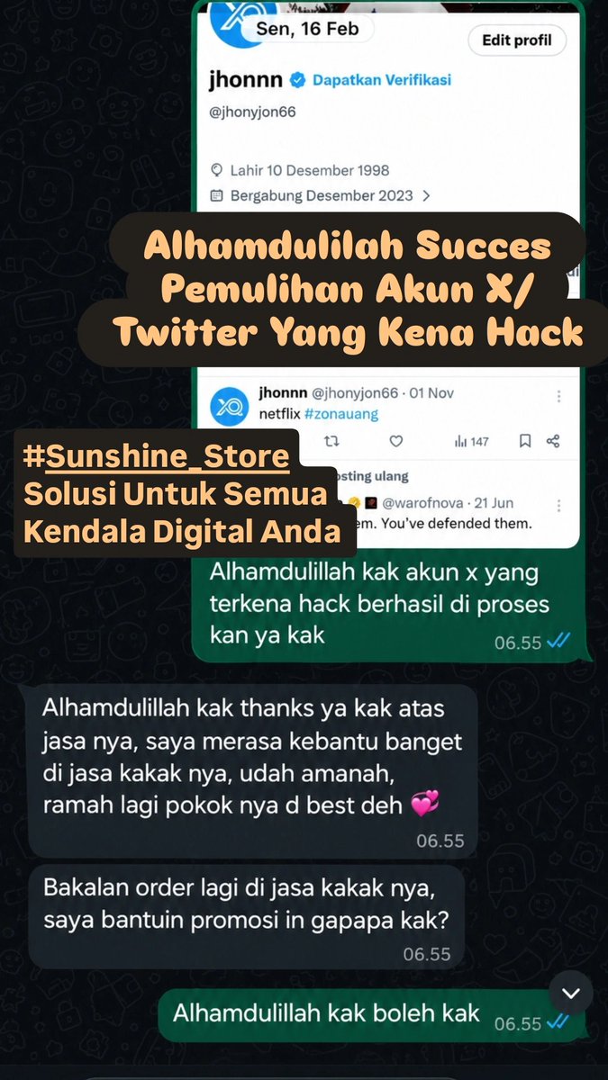 aureattes's tweet photo. All Jasa Digital ☀️Sunshine_Store☀️

🍢JASA HAPUS AKUN 
🍢JASA PEMULIHAN DAN BALIKIN AKUN LUPA PASWORD/KE HACK
🍢JASA LACAK LOKASI
🍢JASA SADAP WA
🍢JASA LACAK HP HILANG BY NO HP/IMEI
🍢JASA HACK/PEMULIHAN AKUN (EMAIL,IG,WA,TWITER/X, FB,TIKTOK)
#zonauang
☎️Wa Di Bio Fast Respon☎️ https://t.co/TZ1g1bsYH2