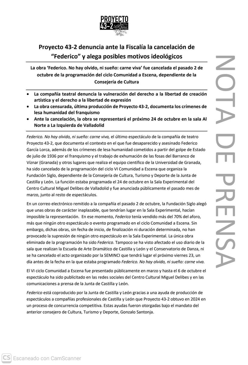 guapapasea's tweet photo. La compañía teatral Proyecto 43-2, de María San Miguel, denuncia ante la Fiscalía la cancelación de su obra ‘Federico. No hay olvido, ni sueño: carne viva’ por parte de la Consejería de Cultura de la Junta de Castilla y León y alega posibles motivos ideológicos 👇👇 https://t.co/f0RTQzK4sS