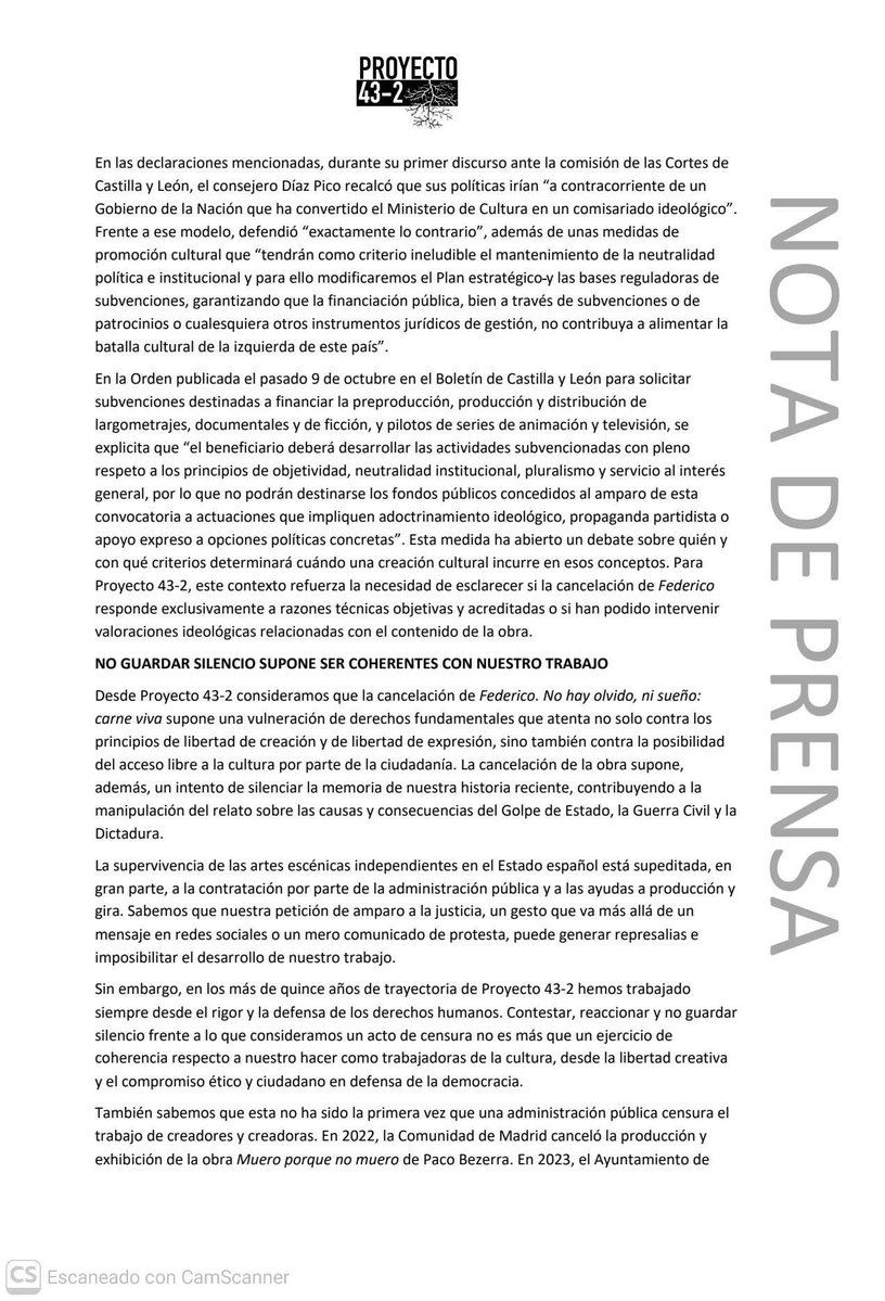 guapapasea's tweet photo. La compañía teatral Proyecto 43-2, de María San Miguel, denuncia ante la Fiscalía la cancelación de su obra ‘Federico. No hay olvido, ni sueño: carne viva’ por parte de la Consejería de Cultura de la Junta de Castilla y León y alega posibles motivos ideológicos 👇👇 https://t.co/f0RTQzK4sS
