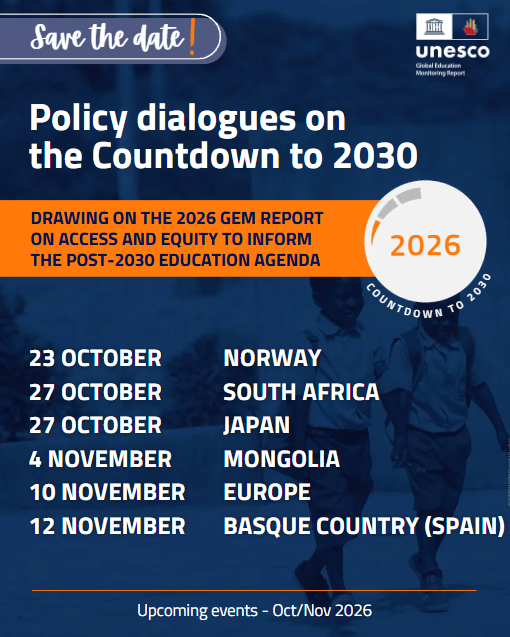 GEMReport's tweet photo. How can countries advance access and equity in education as we count down to 2030?

This October and November, the #GEMReport’s #CountdownTo2030 policy dialogues will bring the discussion to six countries and regions.

See more: https://t.co/pJlqnlrkZg

#YourStoryCounts https://t.co/phFd4GSItG