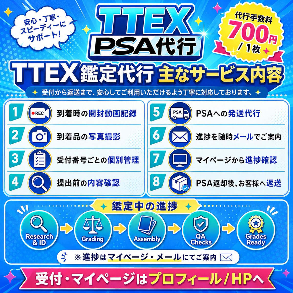 TTEXgrading's tweet photo. 【はじめてPSA鑑定代行をご利用される方へ📦】

TTEX鑑定代行では
大切なお品物を安心してお預けいただけるよう

・到着時の開封動画記録
・到着品の写真撮影
・受付番号ごとの個別管理
・提出前の内容確認
・進捗をメールで随時ご案内
・マイページから進捗確認

まで一貫して対応しております

PSAへの提出代行手数料は
700円 / 1枚です

「初めてで流れが分からない」
「預けた後の状況が心配」
という方も、ご不明点がございましたらお気軽にお問い合わせください

受付・マイページ
https://t.co/ZVovK7fFDu

お問い合わせ
https://t.co/MRqeM9BkbI

#TTEX #PSA鑑定代行 #ポケカ #ワンピースカード #遊戯王